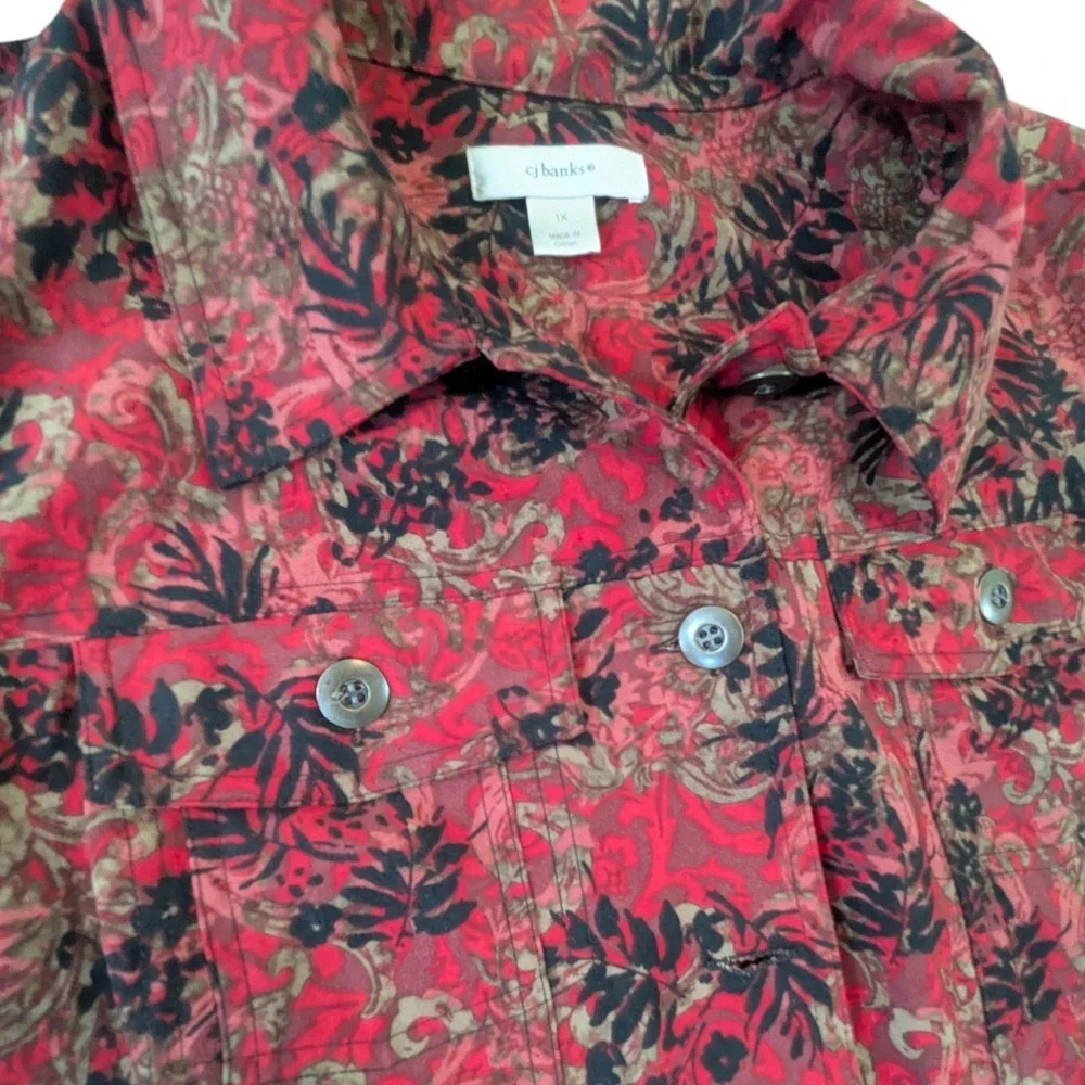 CJ Banks Womens 1X Red Black Floral Paisley Button Up Jacket Stretch Cottagecore